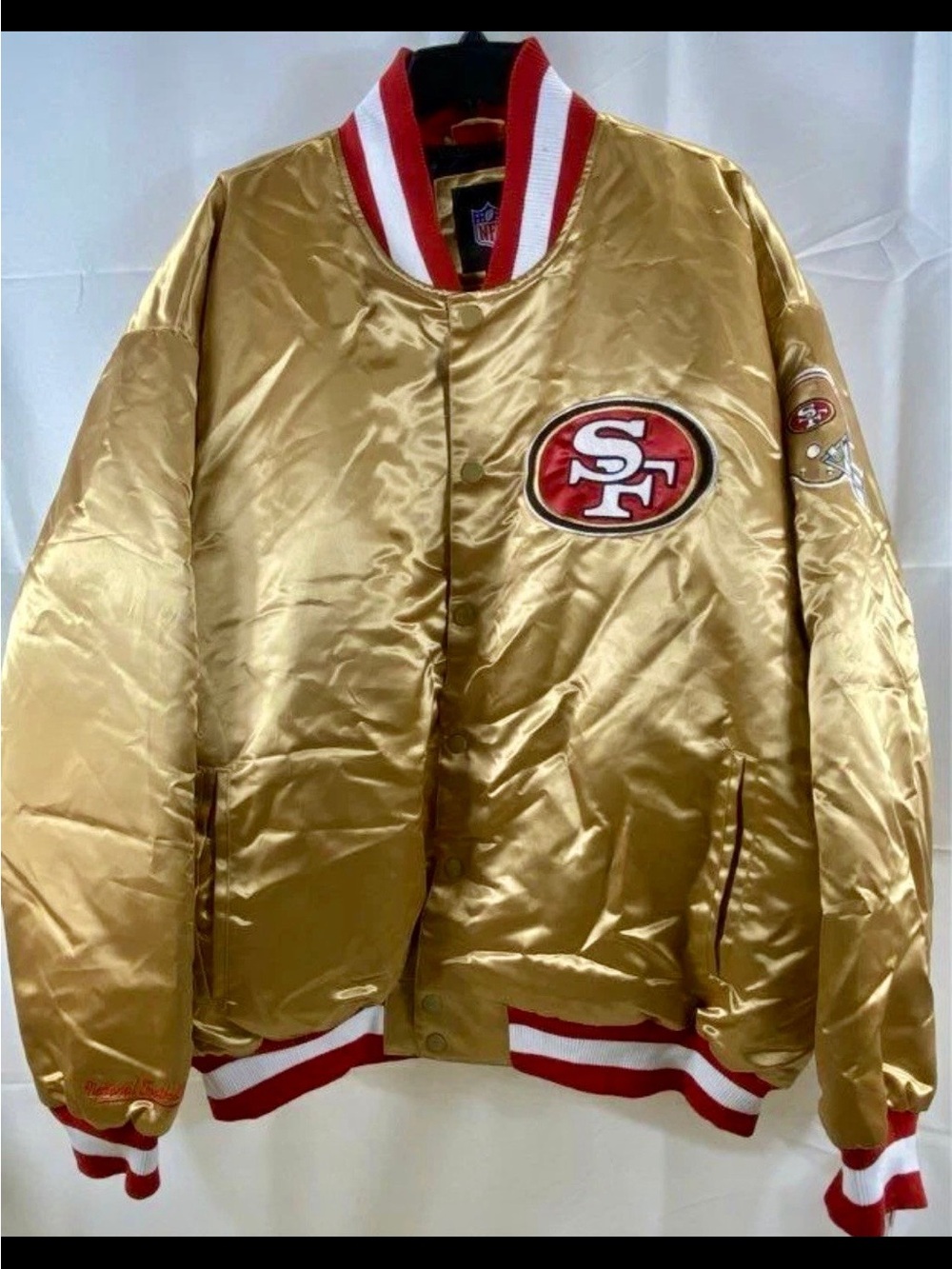 NFL Men's San Francisco 49ers Gold Satin Bomber Jacket Varsity NWT Size 4XL